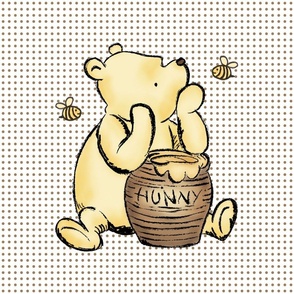 18x18 Panel Classic Pooh and Hunny Pot Soft Brown Dots on White for DIY Throw Pillow Cushion Cover or Lovey