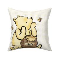 18x18 Panel Classic Pooh and Hunny Pot Golden Yellow Dots on White for DIY Throw Pillow Cushion Cover or Lovey