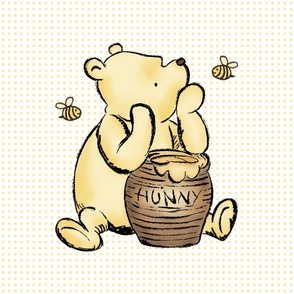 18x18 Panel Classic Pooh and Hunny Pot Golden Yellow Dots on White for DIY Throw Pillow Cushion Cover or Lovey
