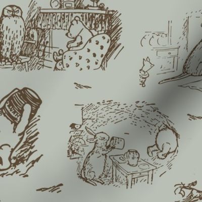 Bigger Scale Classic Pooh Sketch Scenes on Slate Grey Green