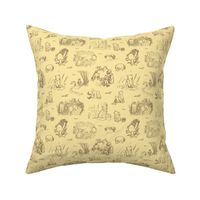 Smaller Scale Classic Pooh Sketch Scenes on Soft Golden Yellow