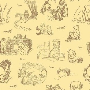 Smaller Scale Classic Pooh Sketch Scenes on Soft Golden Yellow
