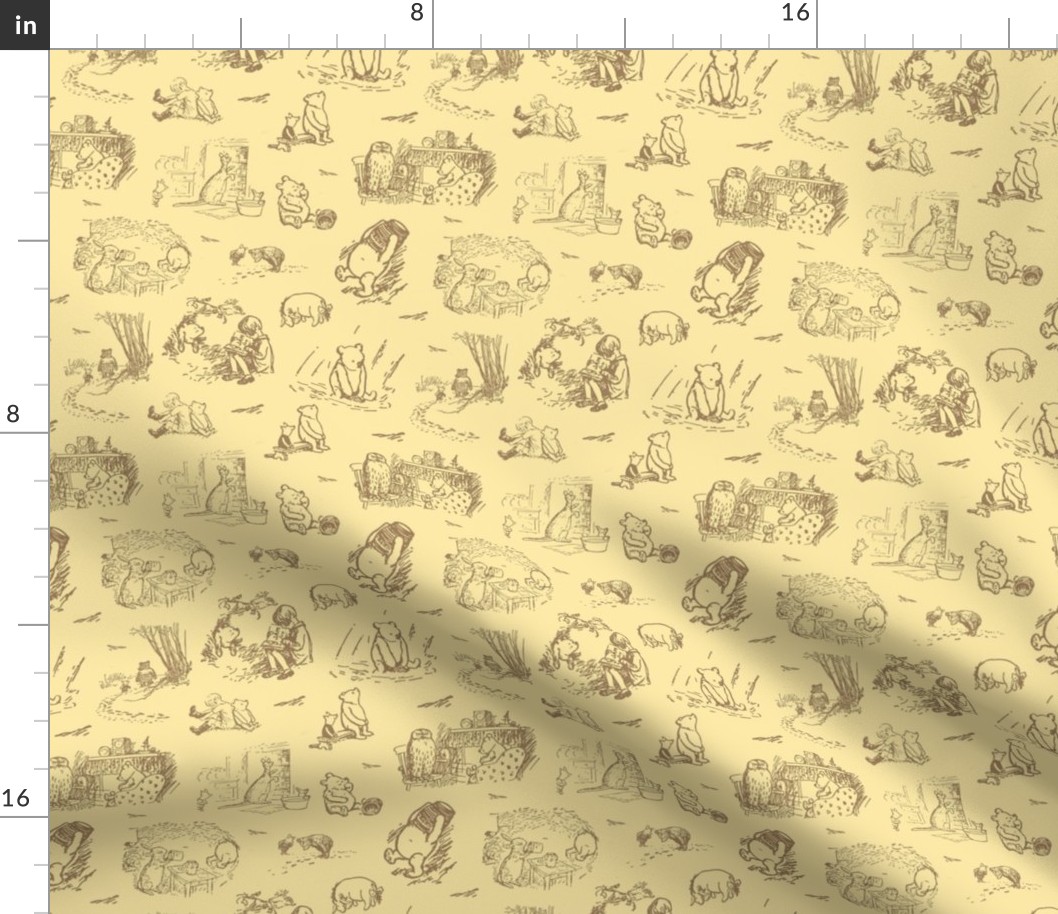 Smaller Scale Classic Pooh Sketch Scenes on Soft Golden Yellow