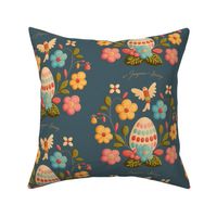 Joyous Easter Egg Floral Pattern on Muted Blue