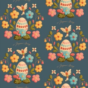 Joyous Easter Egg Floral Pattern on Muted Blue