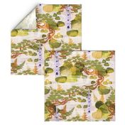 Zen Moss Garden | Japanese park | Japandi flow light wallpaper: green, mustard, cream, lilac