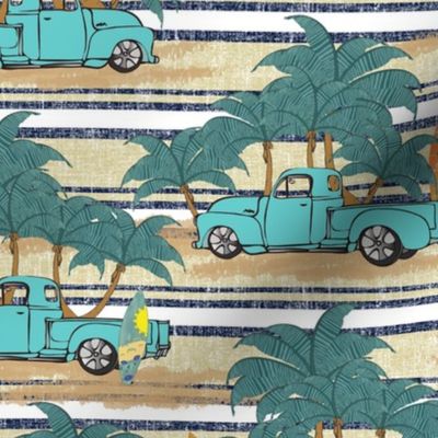 Wallpaper Grandpa's Beach Truck - Gold/White/Navy Stripes Linen 