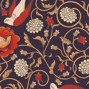 Swooping Swallows in Art Nouveau - Red and Gold on Blue | XL Scale