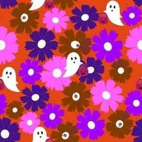 Medium Scale  // Violet, Pink, Purple and Brown Halloween Floral Ghost Candy Trick or Treat on Orange-Red
