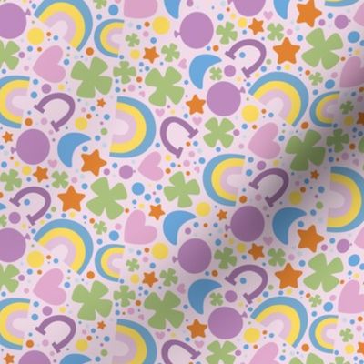 St. Patty's Symbols, Rainbow, Horseshoe, Heart, Clover, Lucky Fabric Light Pink Background, Festive Marshmellow