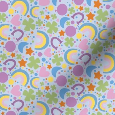 St. Patty's Symbols, Rainbow, Horseshoe, Heart, Clover, Lucky Fabric Light Blue Background, Festive Marshmellow