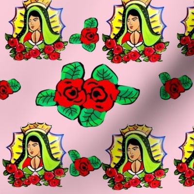 Saint Our Lady with red roses in Pink