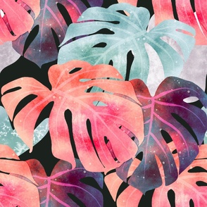 (XL) Pink, Purple, and Aqua Cosmic Watercolor Monstera Leaves Extra Large