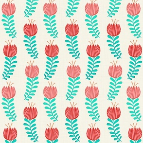 Woodblock Tulips in Red and Teal on Beige - Large