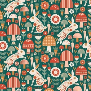 Floral Rabbits and Mushrooms - Dark Teal