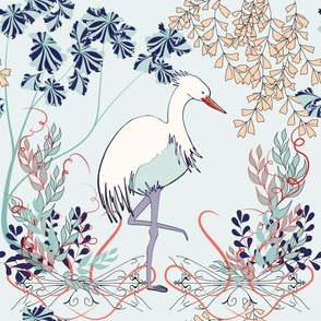 Art Nouveau Crane, Heron, Egret bird on light blue