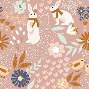 Jumbo Scale // Bunnies, Chicks and Flowers Easter Garden on Dark Blush Rose Pink 
