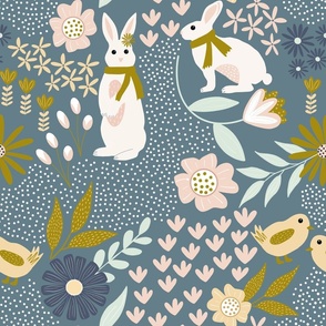 Jumbo Scale // Bunnies, Chicks and Flowers Easter Garden on Indigo Blue