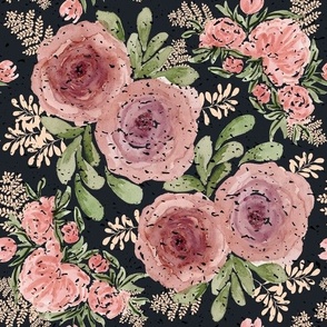 Medium - Roses & Florals - Watercolour - Black Texture