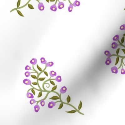 Scattered Sprigs of Tiny Flowers in Purple on White Large Scale