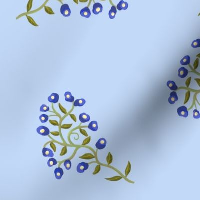 Scattered Sprigs of Tiny Flowers in Dark Blue on Blue Large Scale