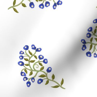 Scattered Sprigs of Tiny Flowers in Dark Blue on White Large Scale