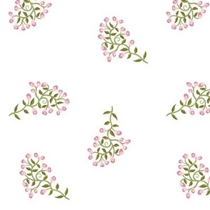 Scattered Sprigs of Tiny Flowers in Pink on White Medium Scale
