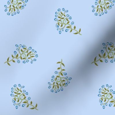 Scattered Sprigs of Tiny Flowers in Light Blue on Blue Medium Scale