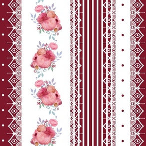 Regencycore Watercolor Rose Bouquets and Lace on Burgundy