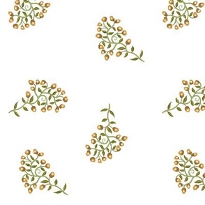 Scattered Sprigs of Tiny Flowers in Golden Yellow on White Medium Scale