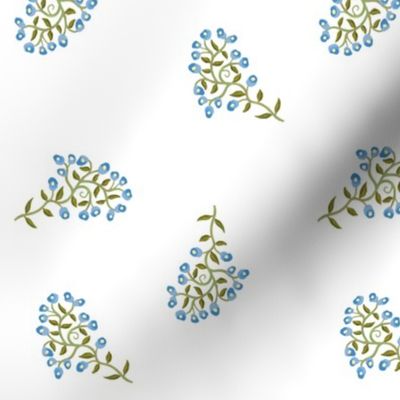 Scattered Sprigs of Tiny Flowers in Light Blue on White Medium Scale