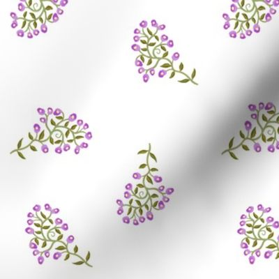 Scattered Sprigs of Tiny Flowers in Purple on White Medium Scale