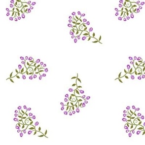 Scattered Sprigs of Tiny Flowers in Purple on White Medium Scale