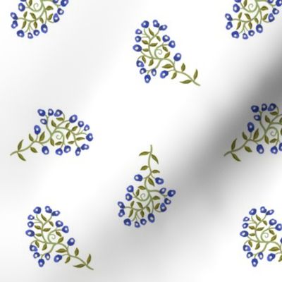 Scattered Sprigs of Tiny Flowers in Dark Blue on White Medium Scale