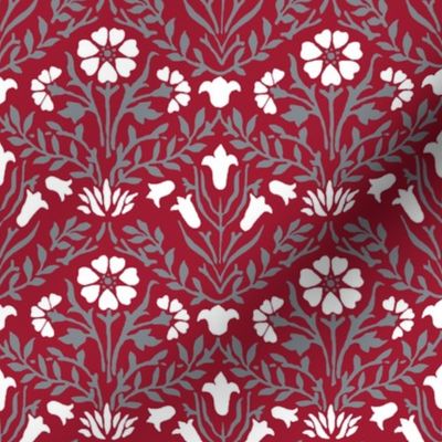 1880 William Morris "Bellflowers - Alabama colors - Cool Gray and White on Crimson