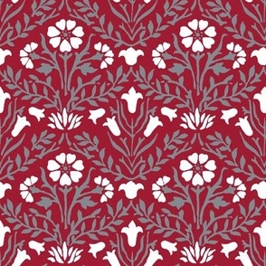 1880 William Morris "Bellflowers - Alabama colors - Cool Gray and White on Crimson