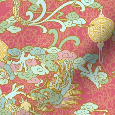 Luck Dragons, Coral Pink Background, Mint, Blues, and Yellow Accents
