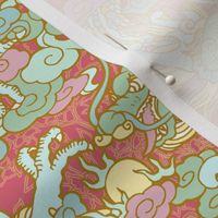 Luck Dragons, Coral Pink Background, Mint, Blues, and Yellow Accents