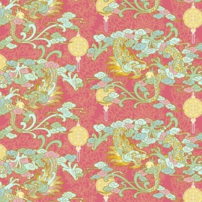 Luck Dragons, Coral Pink Background, Mint, Blues, and Yellow Accents