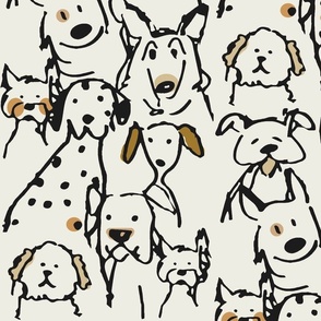 Neutral Pop Doodle Dogs, Black Outline, 12 x 24 inch repeat scale