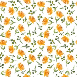 Watercolor Orange Flowers with Green Leaves on White (SMALL)