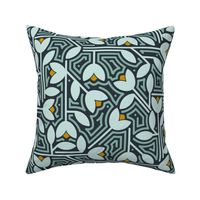 geometric leaves and flowers midnight mustard 12 inch