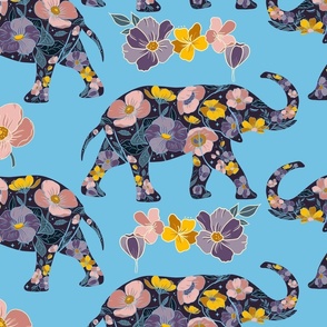 Floral Elephant Silhouette - Blue (large)