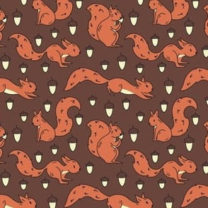 Small - Cute squirrel pattern with acorns in orange and brown background