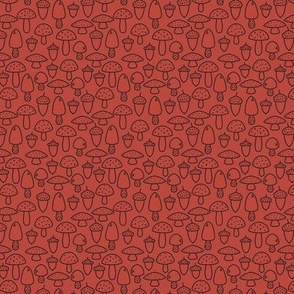 Mini - Toadstool mushroom and acorn pattern in orange red and brown, line illustration