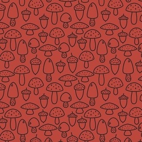 Small - Toadstool mushroom and acorn pattern in orange red and brown line illustration