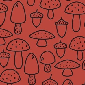 Large - Toadstool mushroom and acorn pattern in orange red and brown line illustration