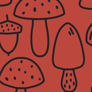 Jumbo - Toadstool mushroom and acorn pattern in orange red and brown line illustration