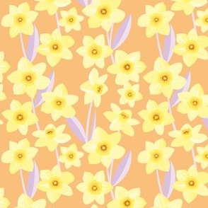 Springtime daffodil and daisies - flower garden nineties bright colorful retro palette spring is here soft yellow lilac on orange