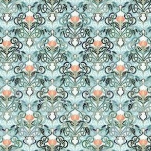  Sage and Blue Art Nouveau Pattern with Peach Flowers micro print